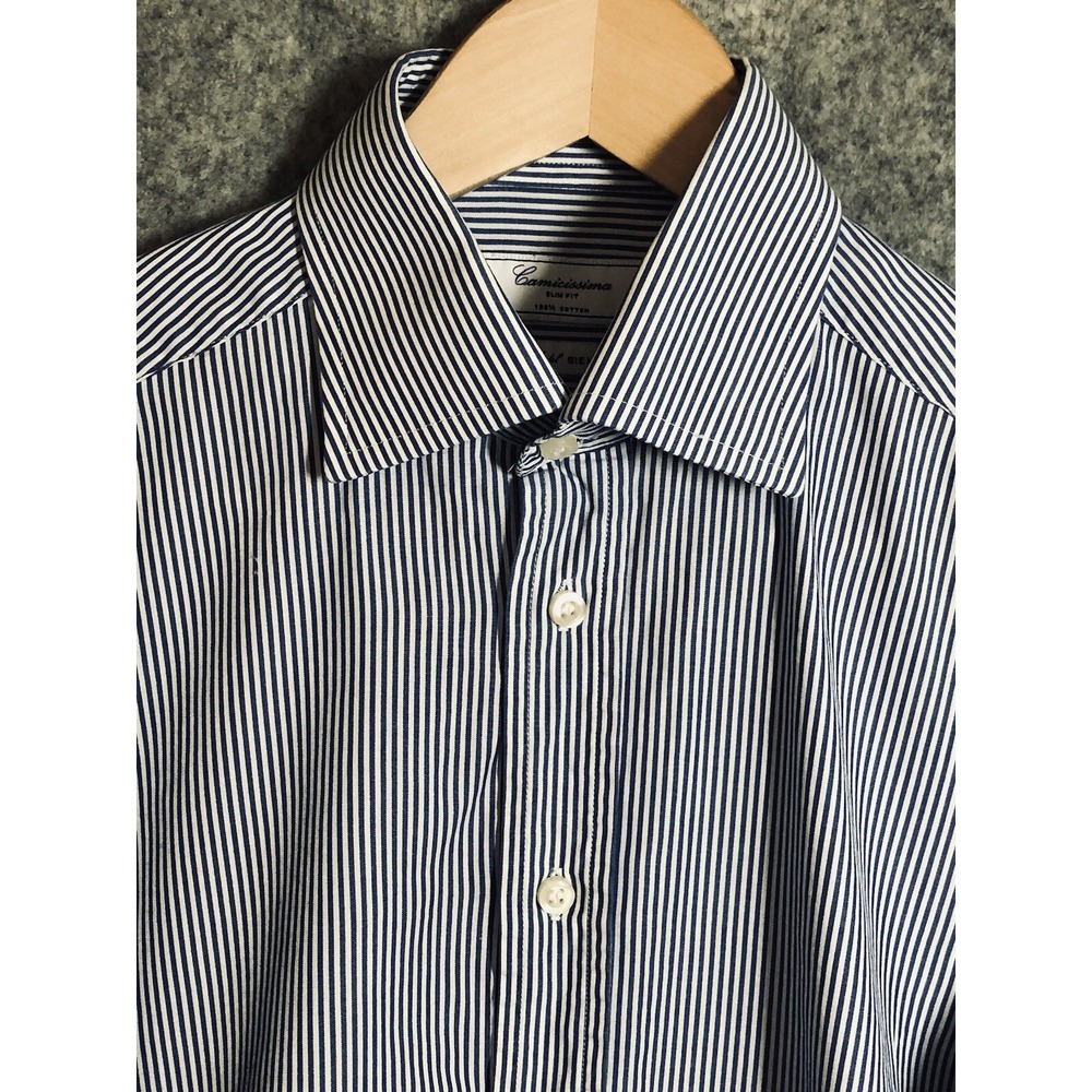 Camicissima Shirt Mens 15 Blue Stripe Cotton Dress Slim Career Business Classic